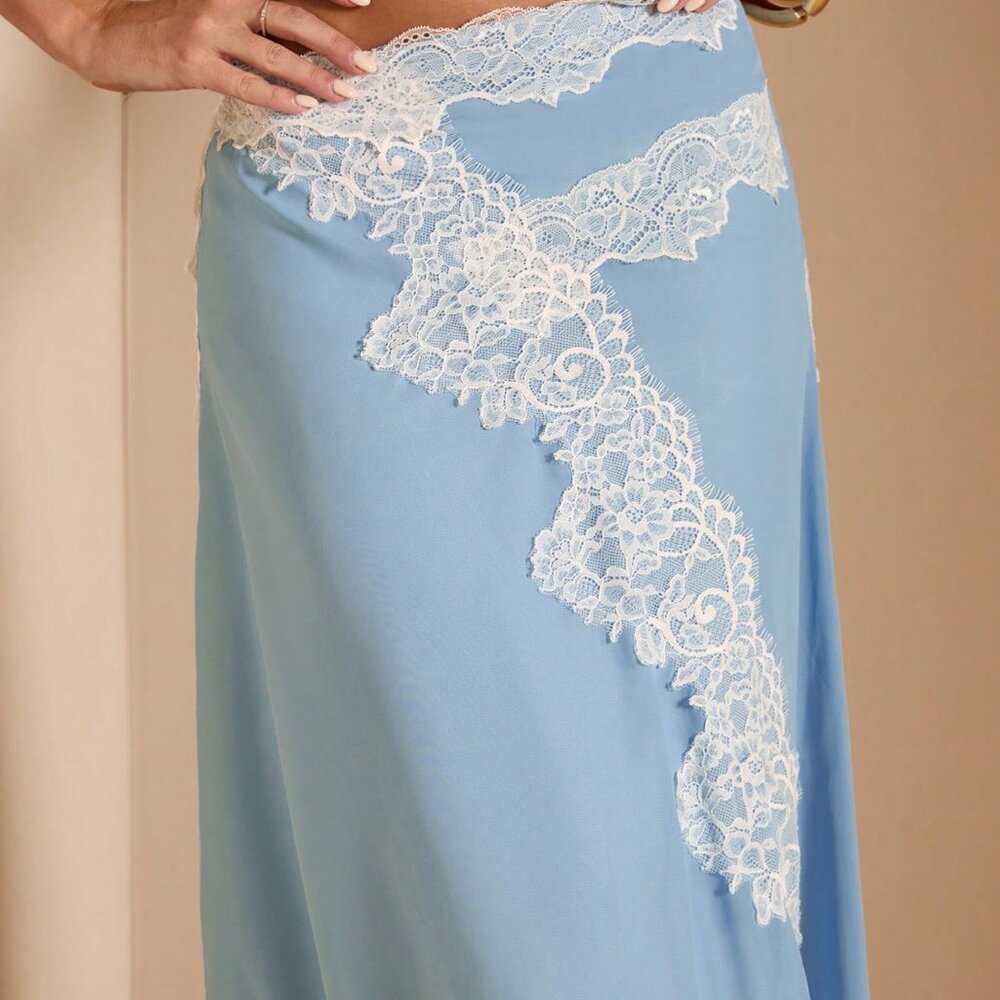 Baby Blue Elegant Women's Lace Trim Asymmetric Hem Split Chiffon Skirt - Picture 9 of 9